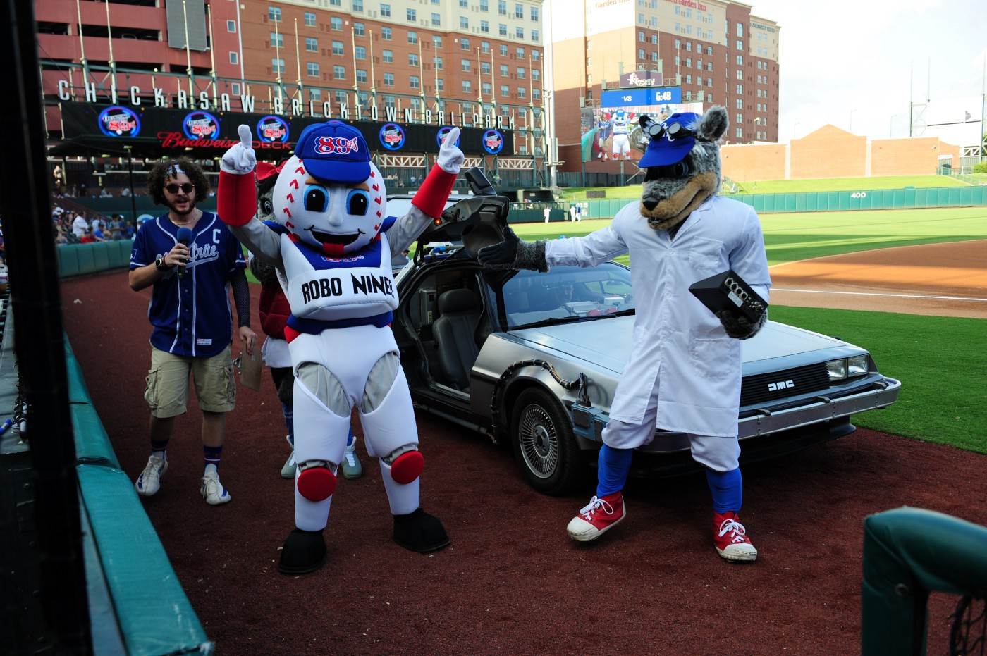 Robo Niner mascot performing at a baseball stadium